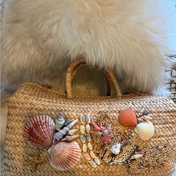 1960s Mid Century Seashell Embellished Woven Tote / Beach Bag Rare Find! - Picture 13 of 16
